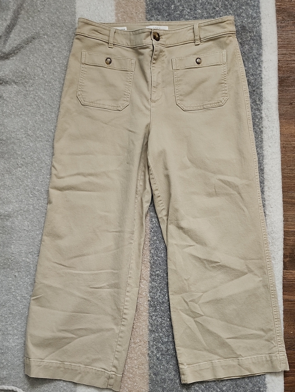 LOFT Palmer Wide Leg Crop Pants in Twill Khaki Beige Sz 12 Casual Relaxed
